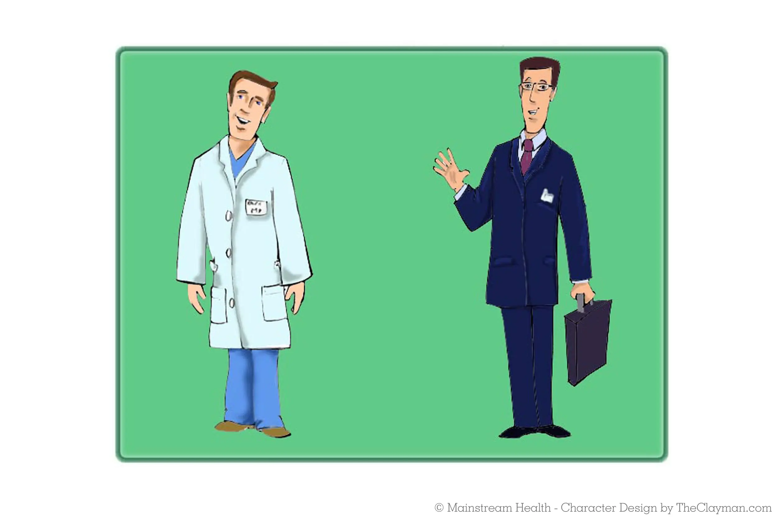 Character design and development for doctor and lawyer characters by The Clayman Studio for Mainstream Health educational and instructional materials